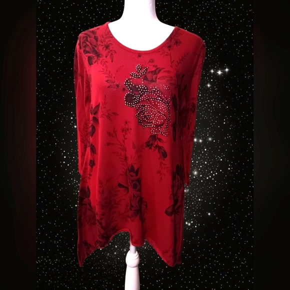 Tops - Elegant Red Floral Women's Top
